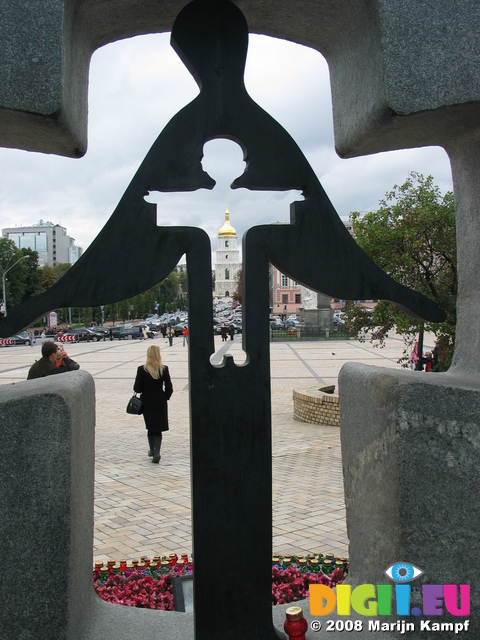 28226 Saint Sophia Cathedral through famine memorial at St. Michael's Golden-Domed Monastery in Kiev